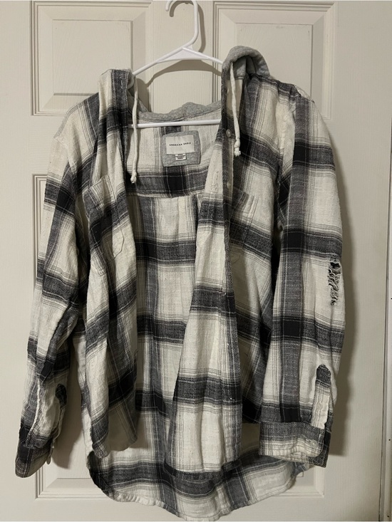 American Eagle Outfitters Tops - American Eagle Outfitters Black and White Plaid Hooded Flannel Shirt